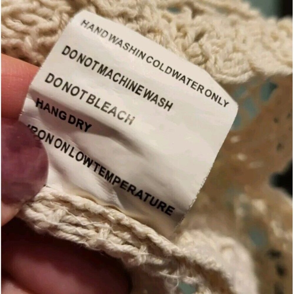 Solitaire Beige Open Knit Short Puff Sleeve Cottagecore Top Sz M - Picture 9 of 9